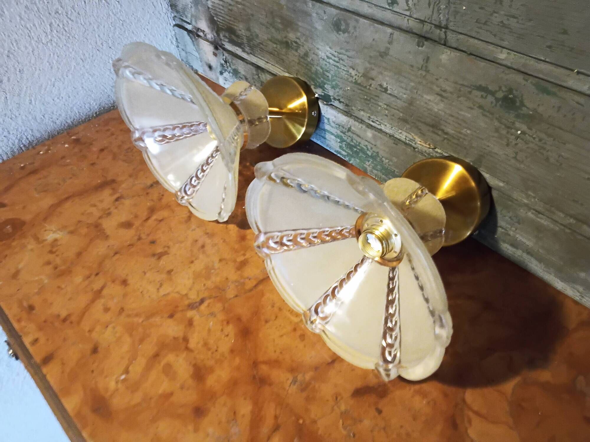 Pair of vintage wall lights in pale yellow granite glass