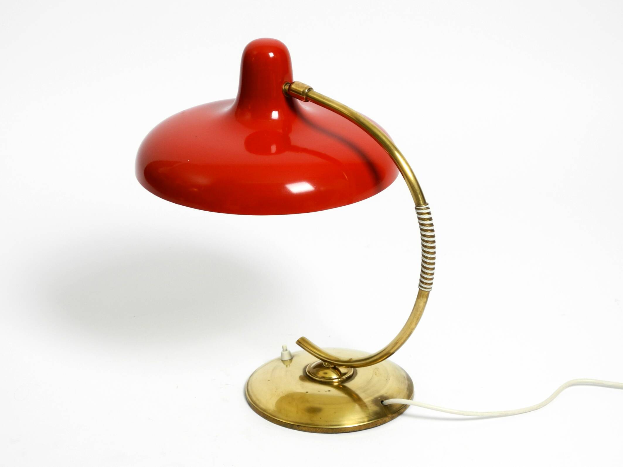 Beautiful large Mid Century Modern brass table lamp with red metal shade