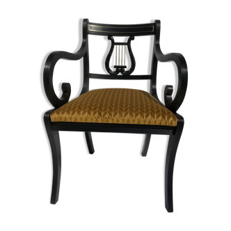 Fauteuil de bureau ancien noir accoudoirs crosse et dossier lyre