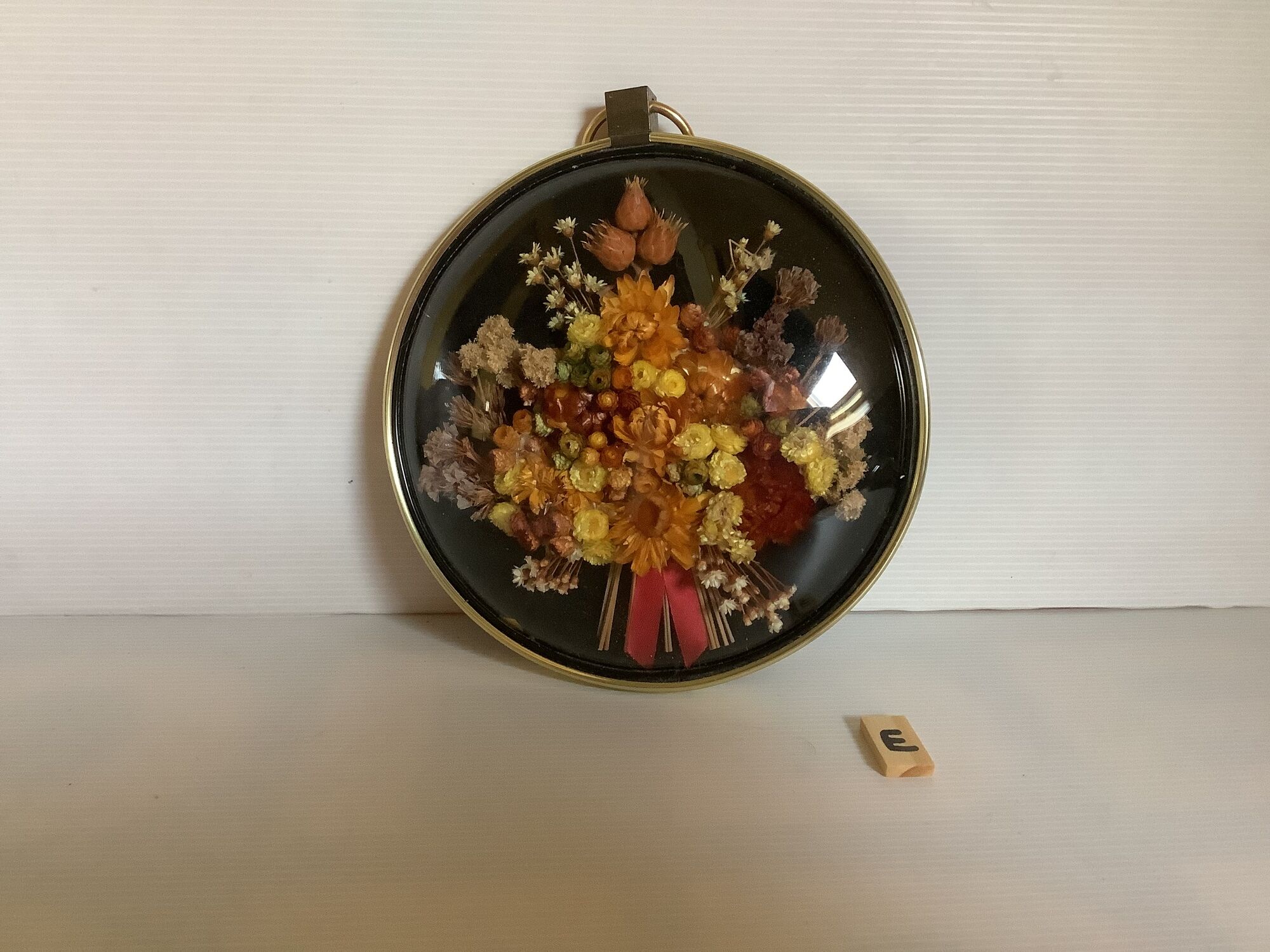 Old frame curved glass dried flowers red satin knot