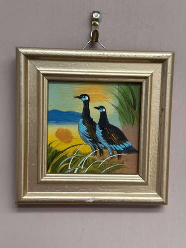 Mid-Century Oil on Panel – “ Birds” by Unknown, Vintage & Framed 11 × 11 cm