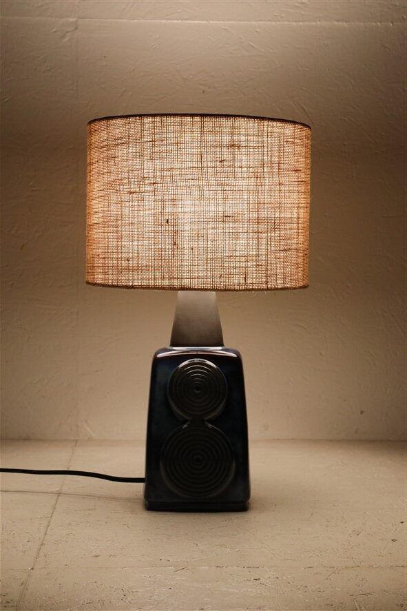 Big "1097" ceramic table lamp by Einar Johansen for Søholm with jute shade, mid-century Danish modern design, 1960s/1970s