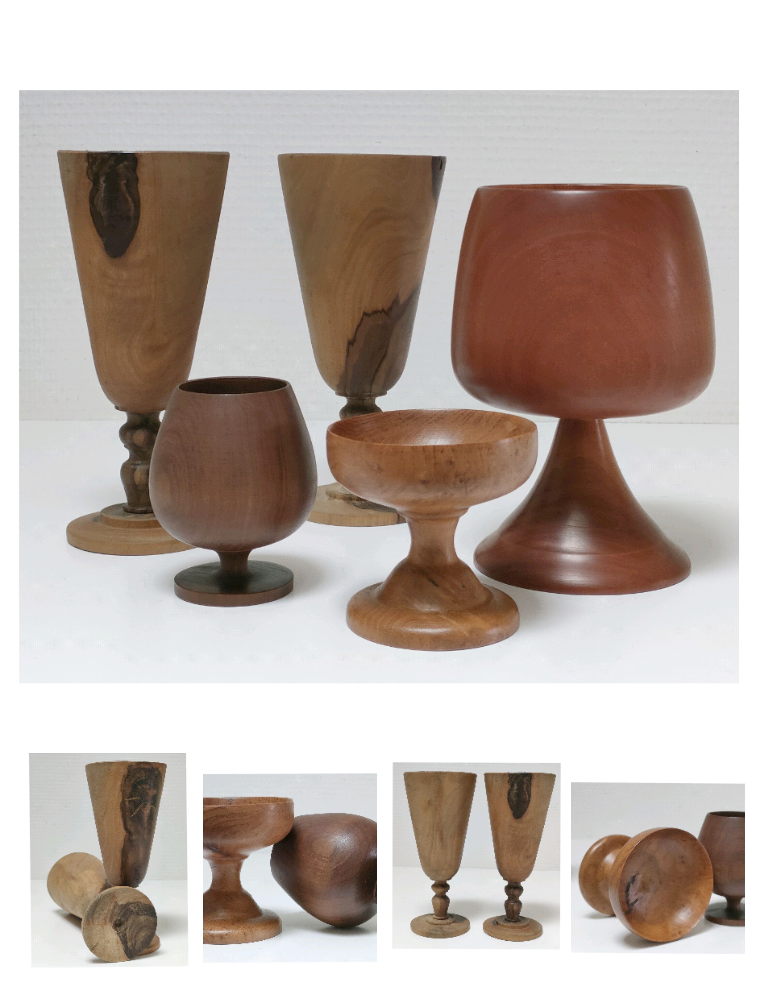 Cinq verres à pied en bois tourné vintage