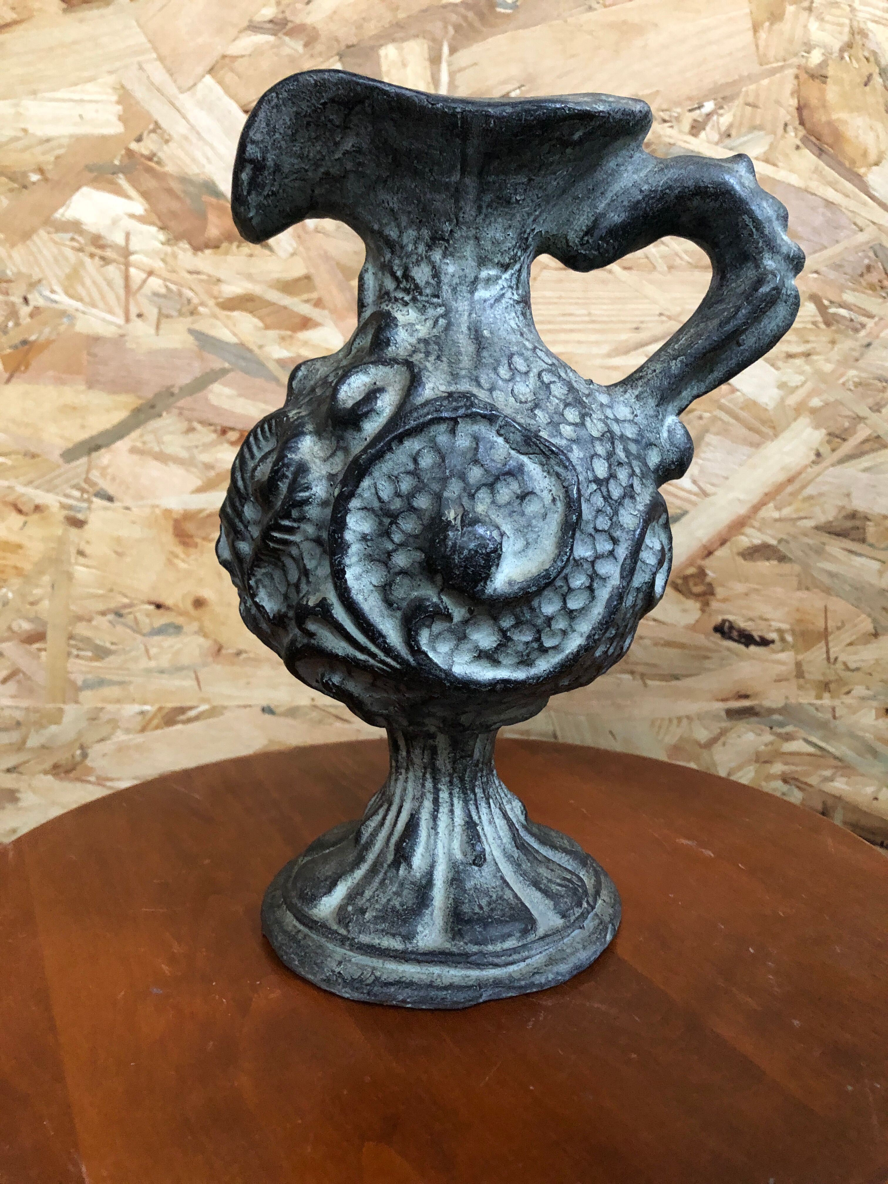 Old pitcher ewer gray ceramic signed vintage tableware