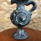 Old pitcher ewer gray ceramic signed vintage tableware