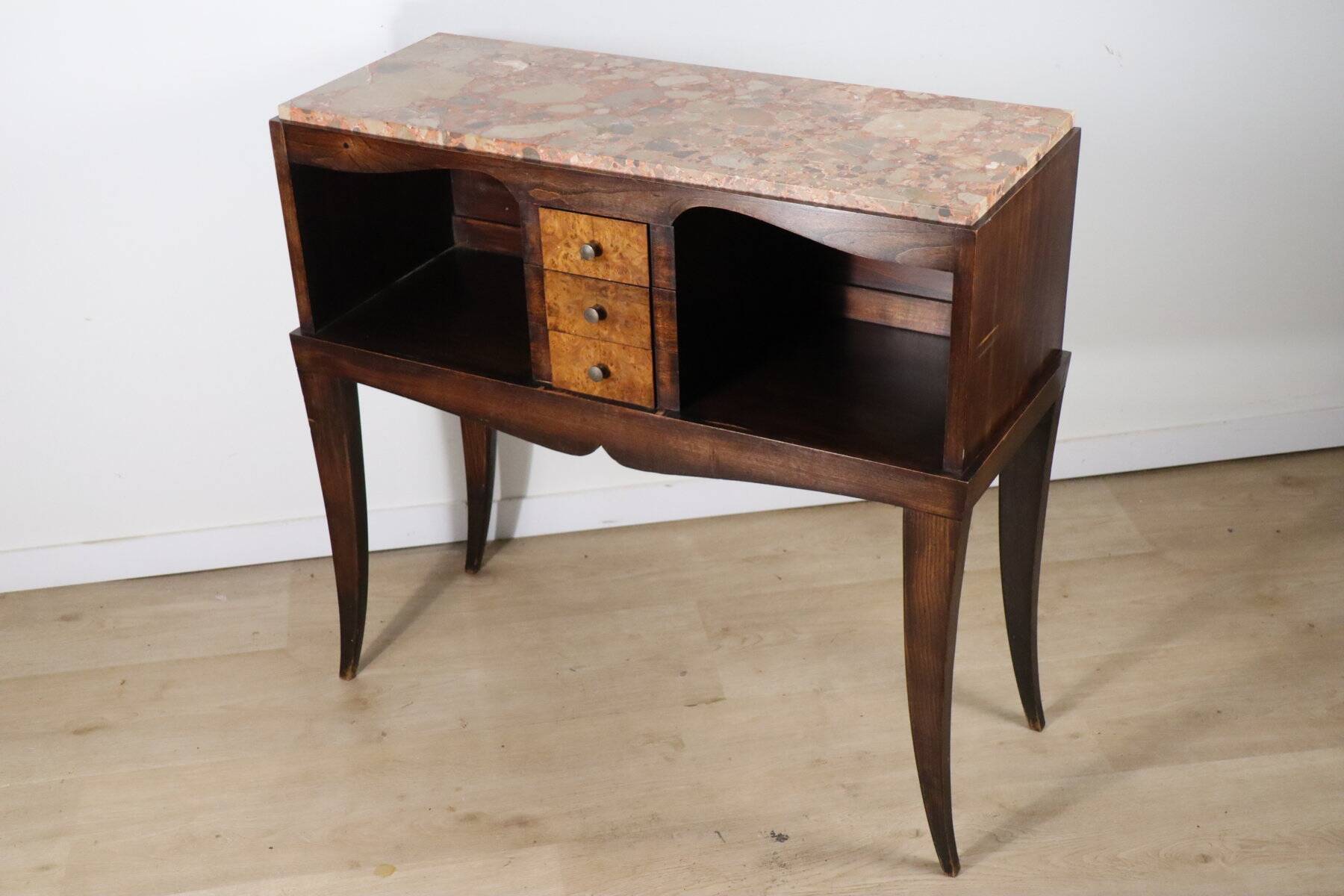 Vintage wooden and marble console table – classic style curved legs, 1950s