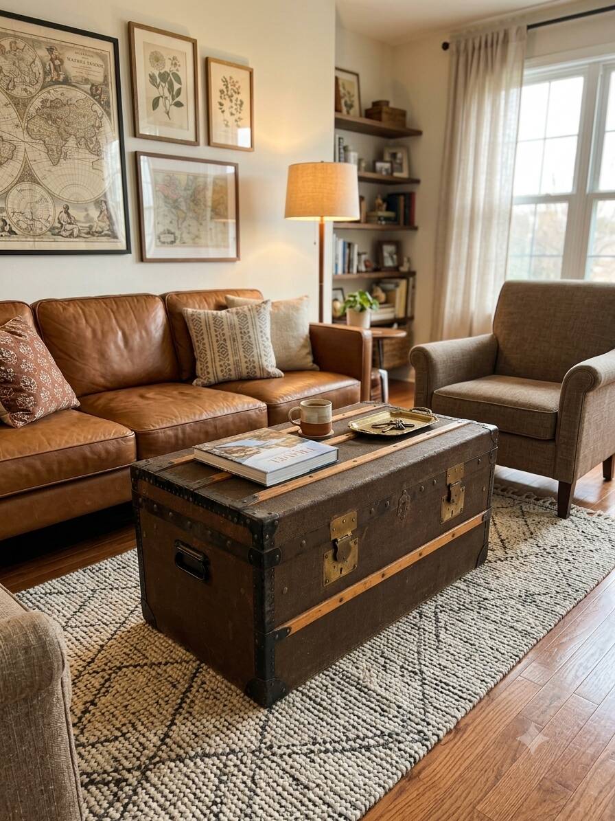 Old travel trunk in oilcloth