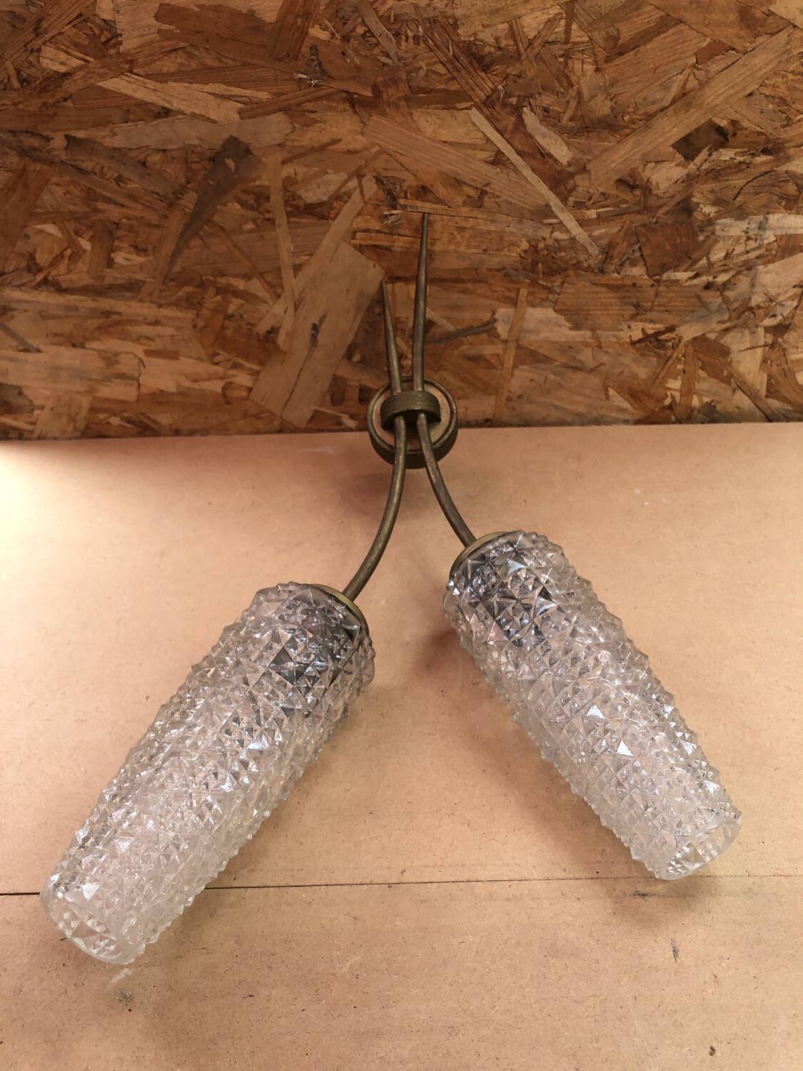 Old Double Brass Wall Lamp + Vintage Molded Glass Tulips