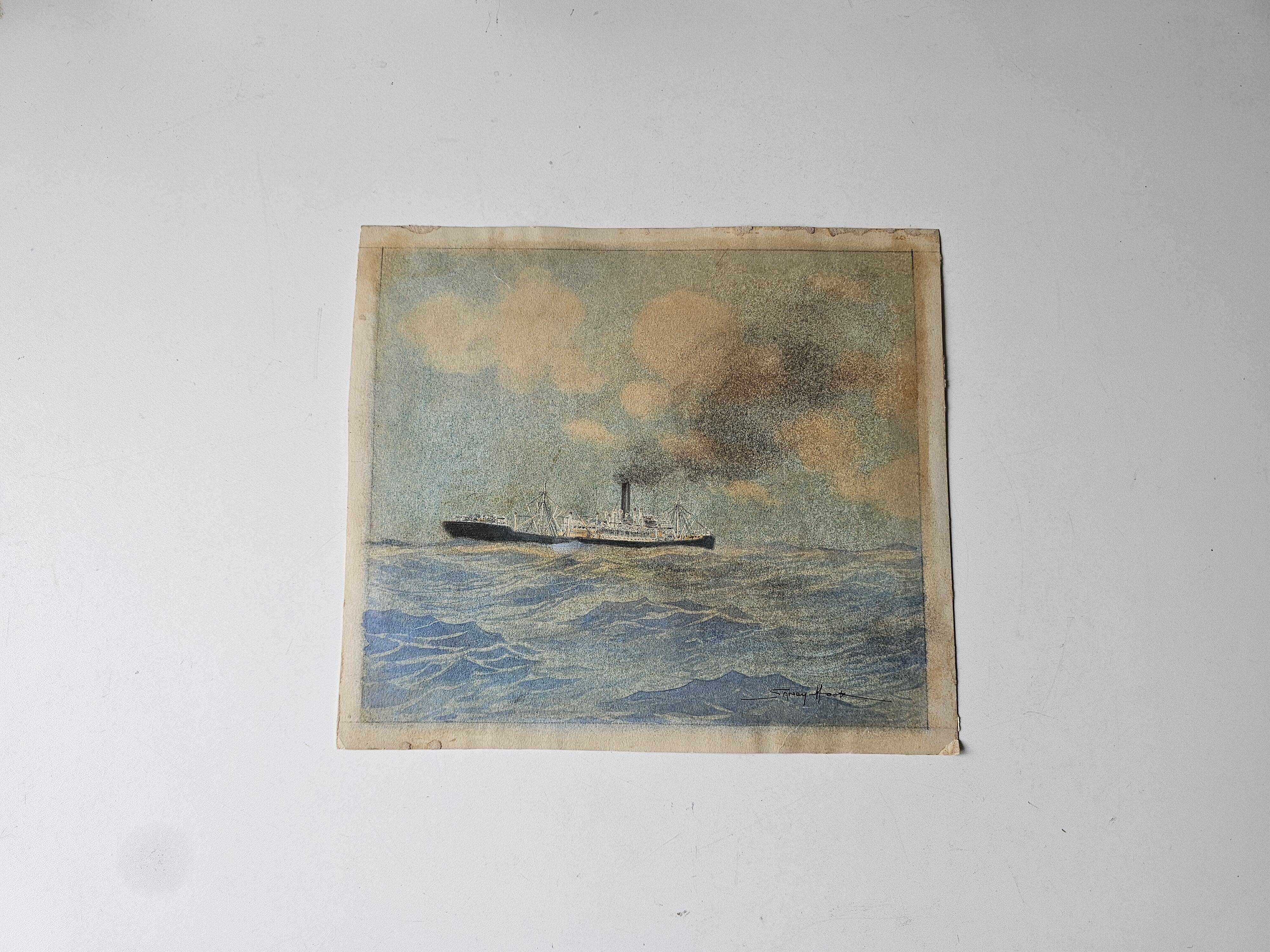 Watercolor of a liner at sea signed taboureau georges known as sandy-hook (1879-1960)
