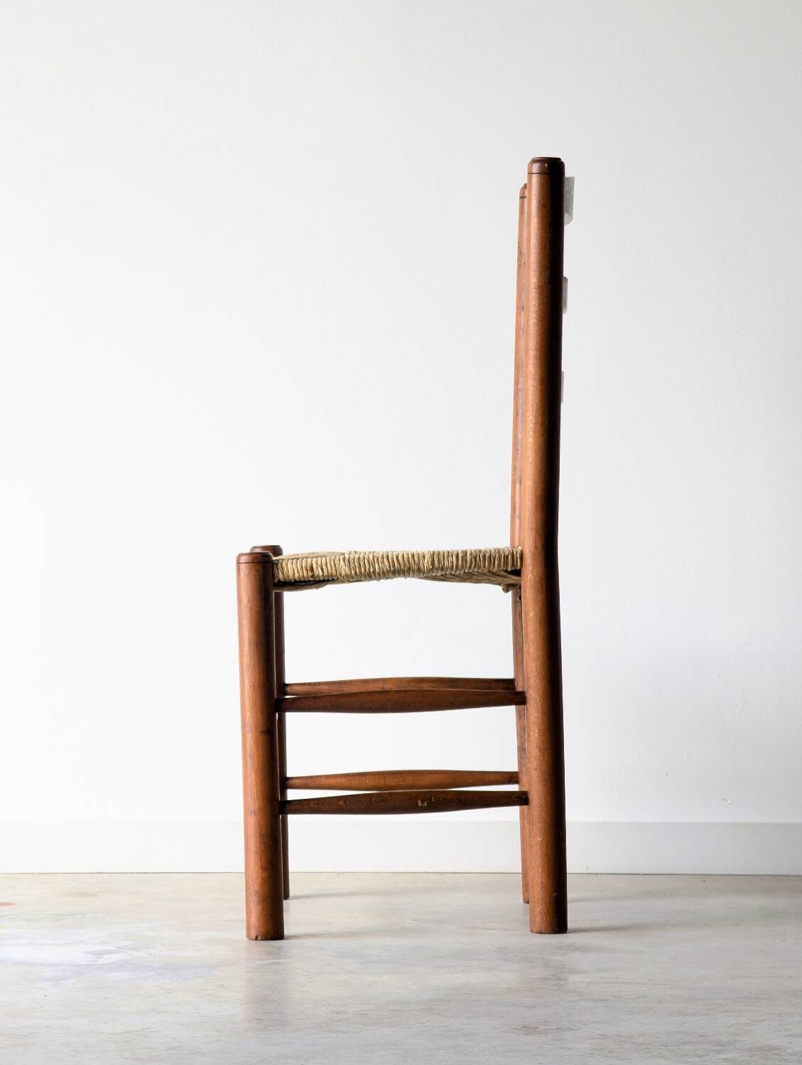 4 vintage brutalist chairs, wood & rope, Sentou / Perriand, 1960