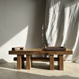 Solid wood bench with openwork base crossed by a cylinder - Mango wood