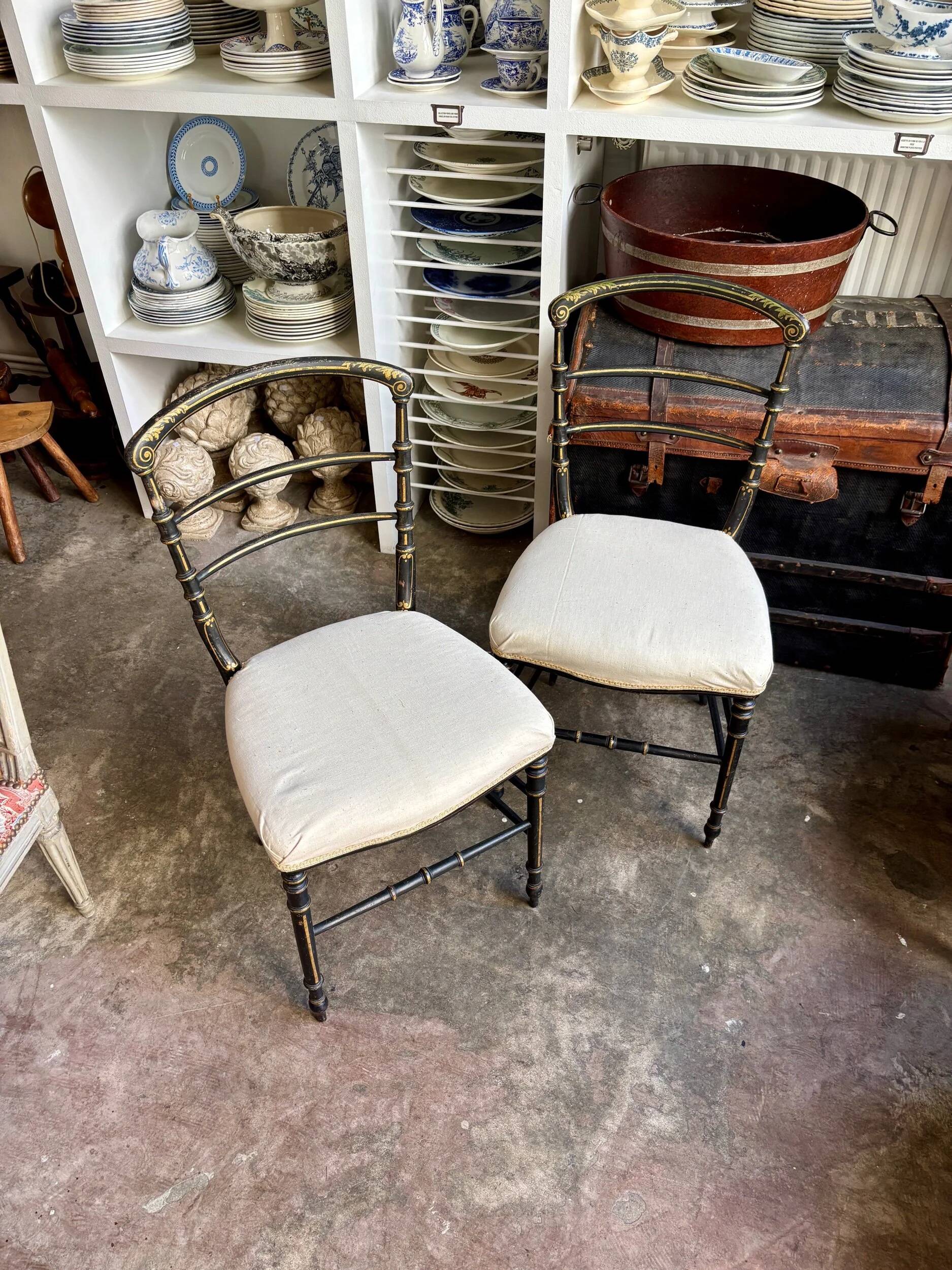 Napoleon III chair in blackened wood and beige fabric