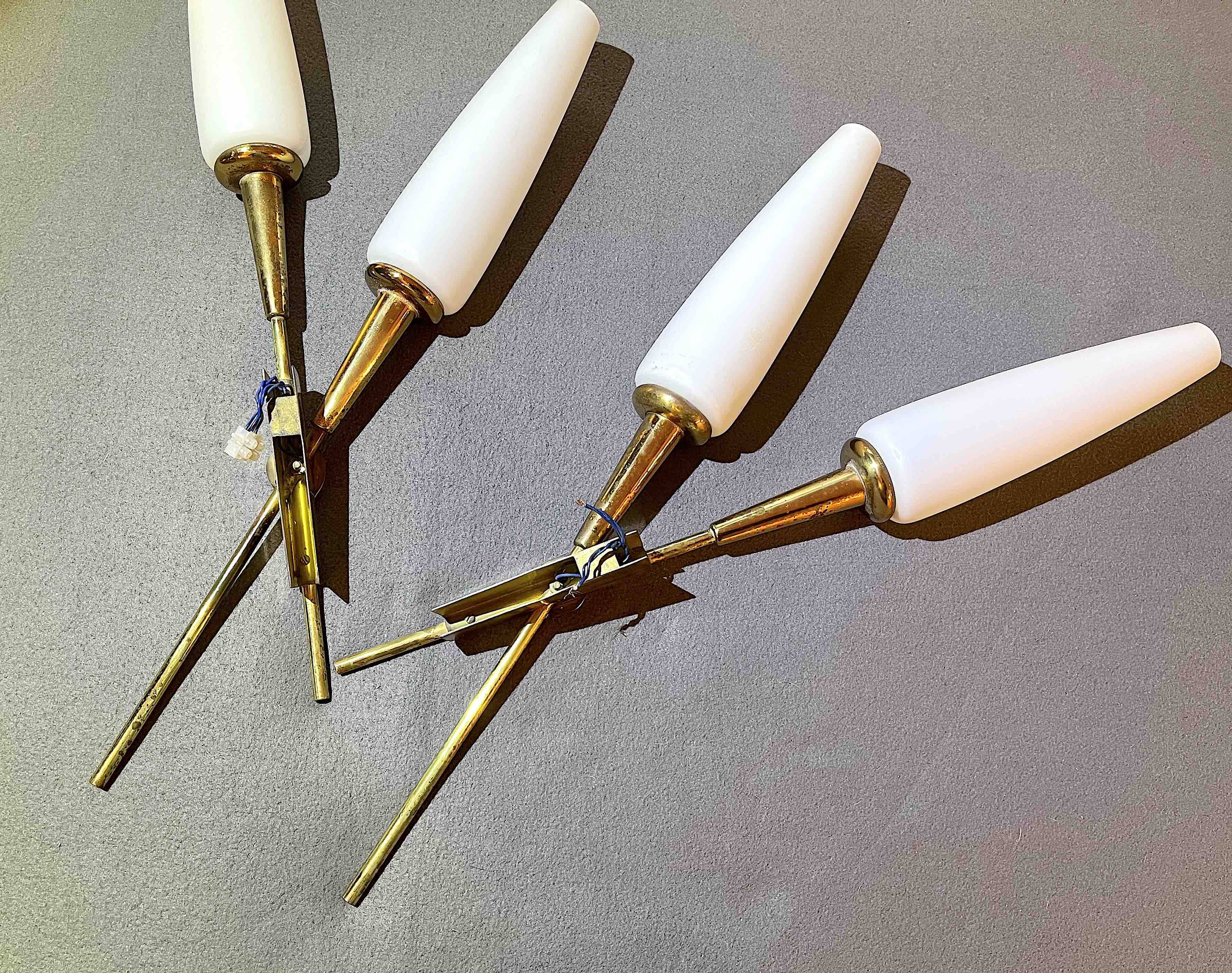 Pair of double crossed brass and opaline sconces, Maison Arlus, France, Mid-Century