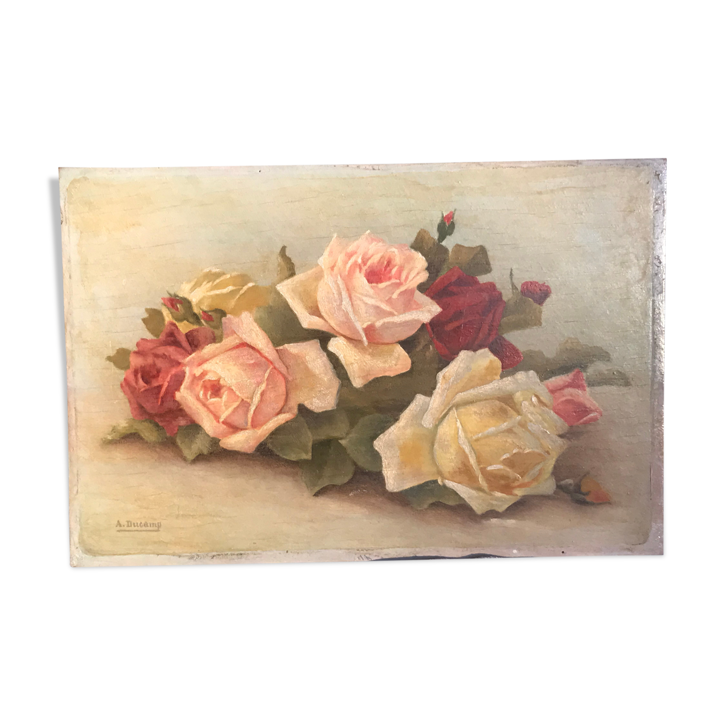 Painting oil on wood flowers bouquet of old roses 1930 signed
