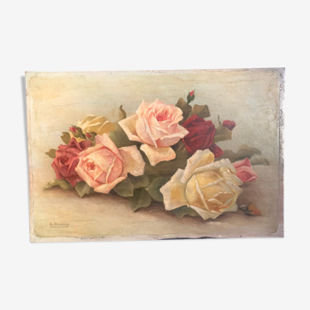 Tableau huile sur bois fleurs  bouquet de roses anciennes 1930 signé