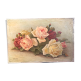 Tableau huile sur bois fleurs  bouquet de roses anciennes 1930 signé