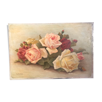 Tableau huile sur bois fleurs  bouquet de roses anciennes 1930 signé