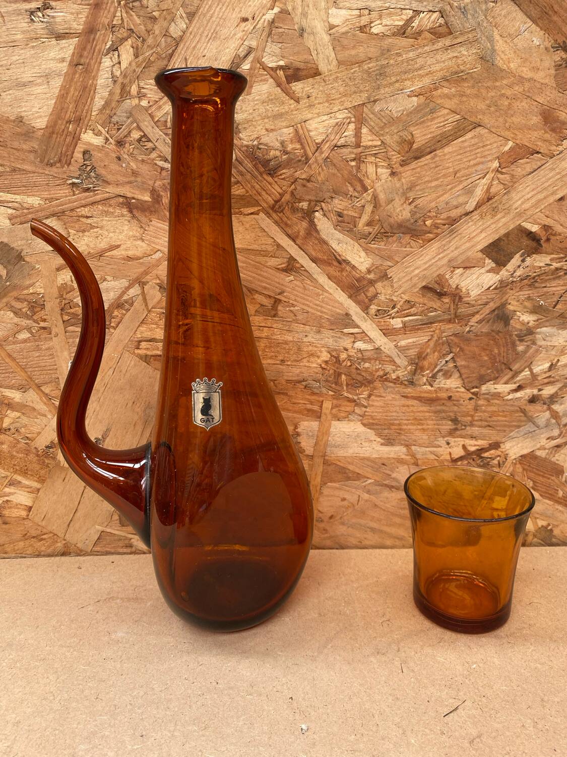 Old gat carafe service + 5 glasses molded orange glass 1970 vintage