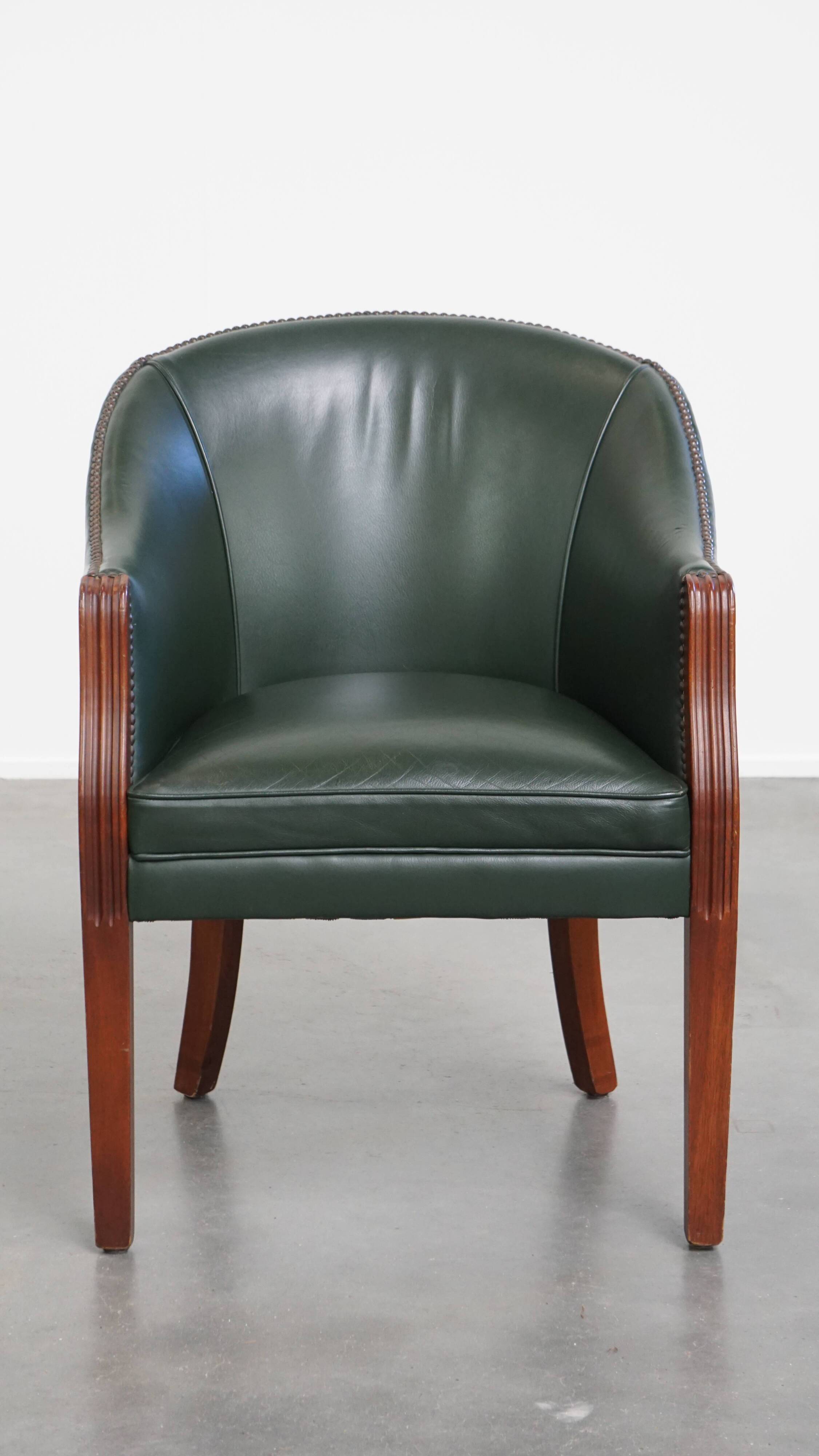 Green Cowhide Leather and Wooden Side / Dining / Desk Chair