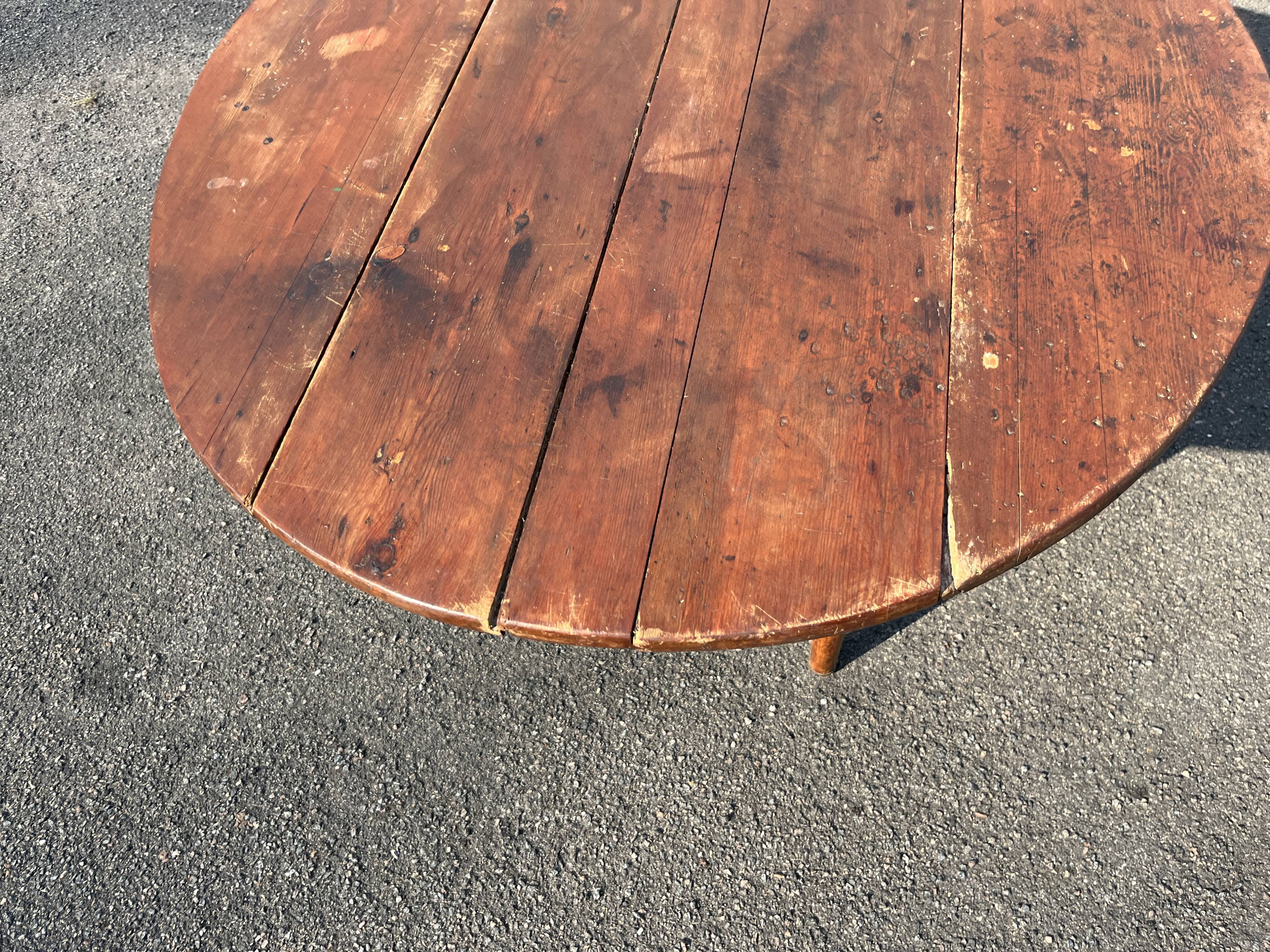 Antique rustic round wooden table 121cm, straight base