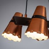 Ceiling lamp in dark stained wood with four brass shades, Sweden, 1960s