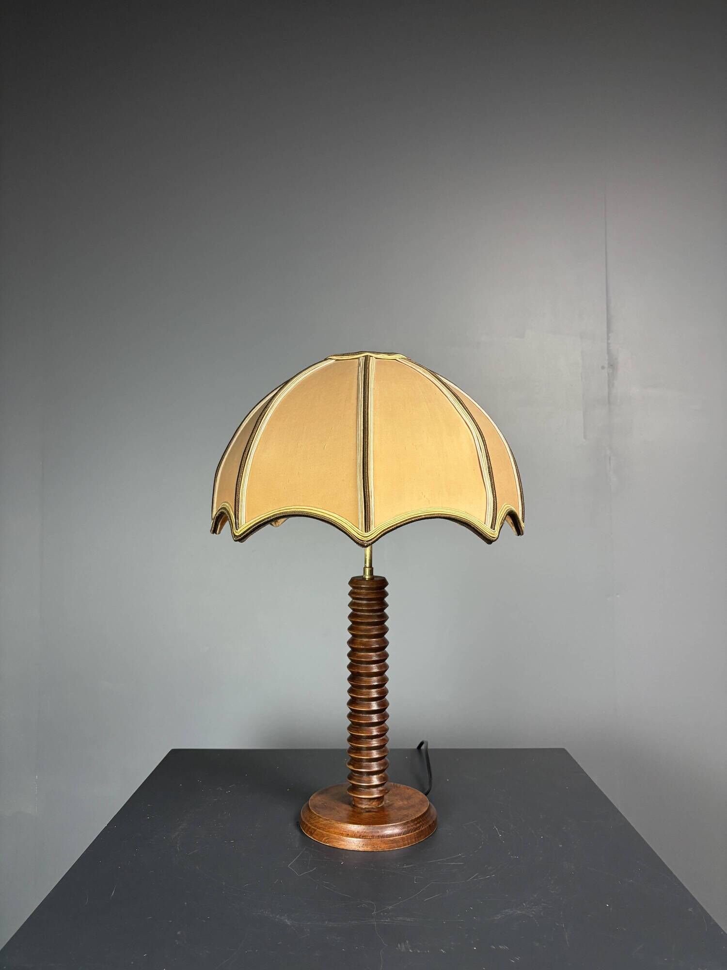 Midcentury brutalist wood turned mushroom table lamp, Charles Dudouyt style