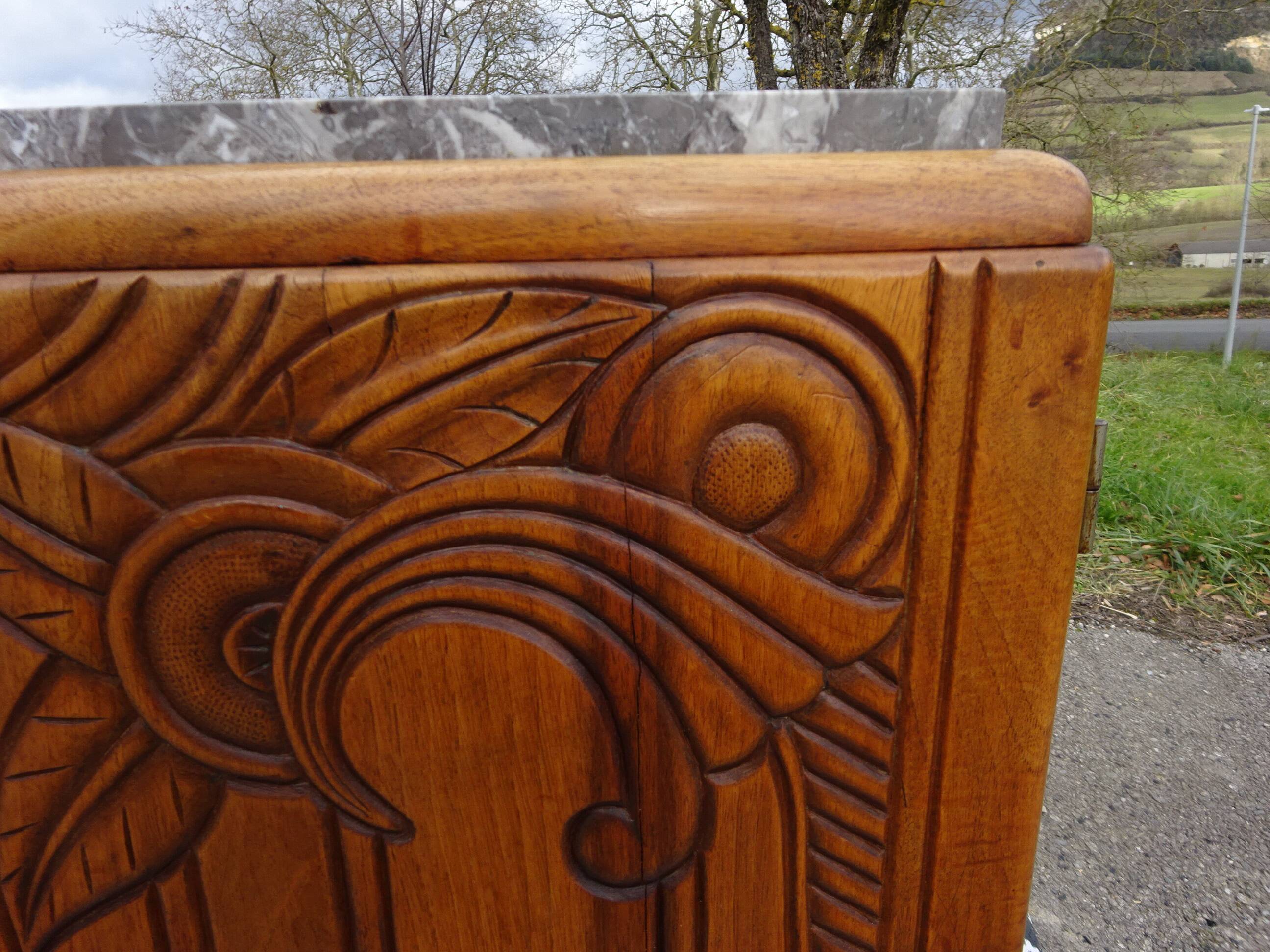 Narrow sideboard, art deco in light walnut, gray marble top