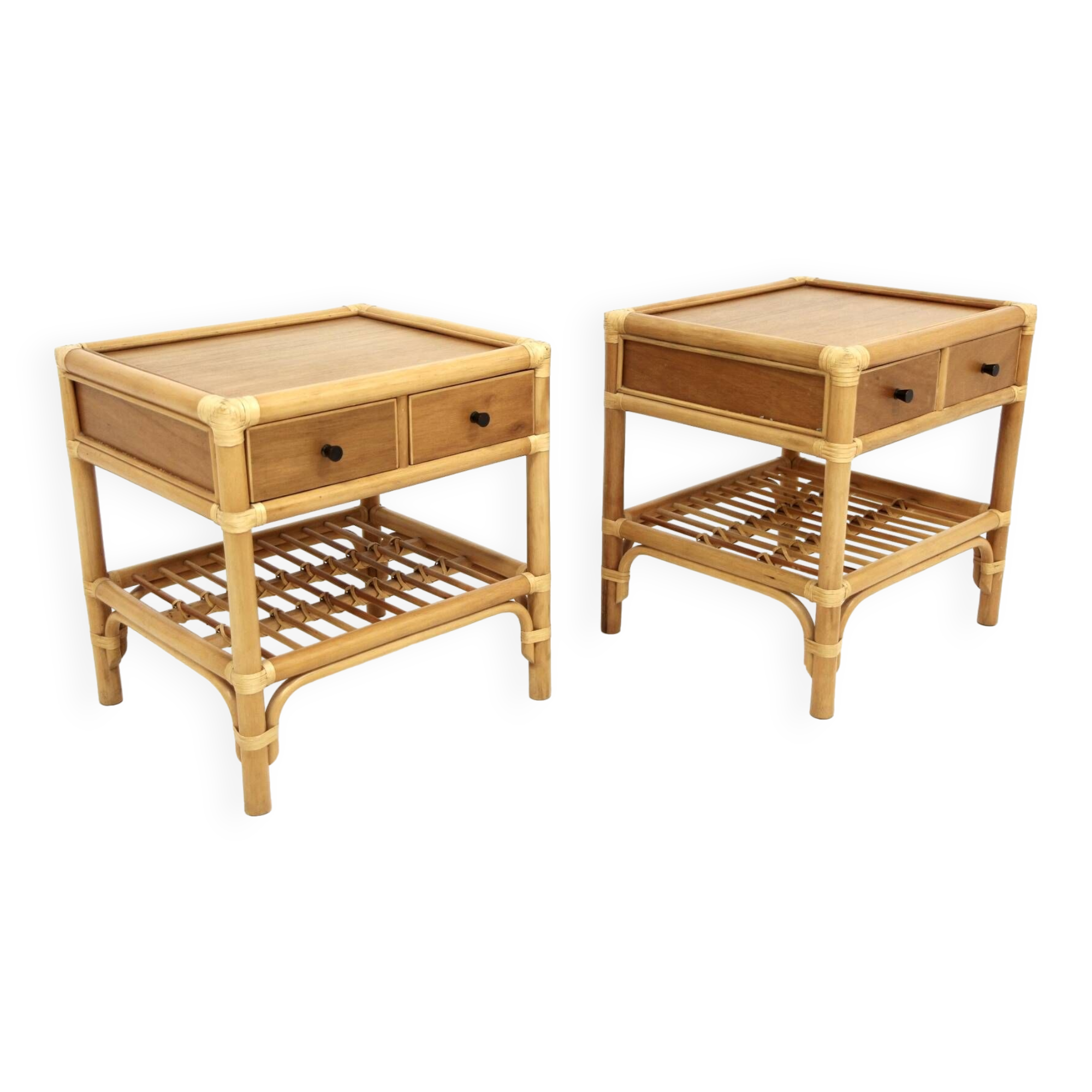Set of 2 rattan bedside tables, Dux, Sweden, 1960