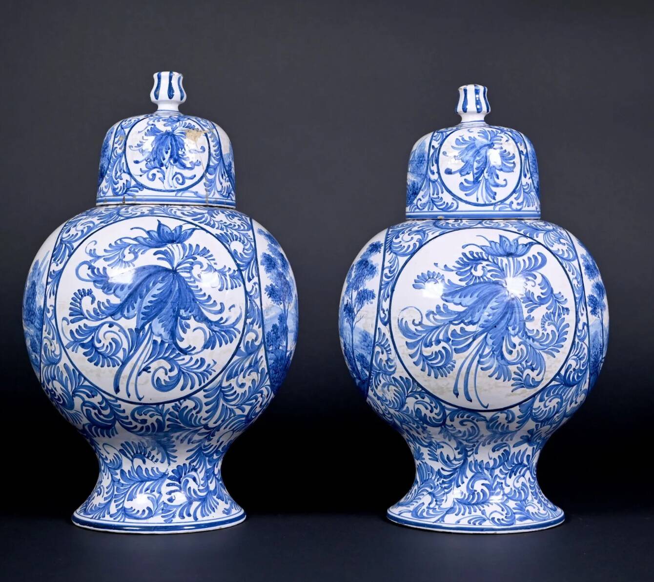 Émile Teissier in Malicorne. Pair of earthenware vases with blue and white decoration.