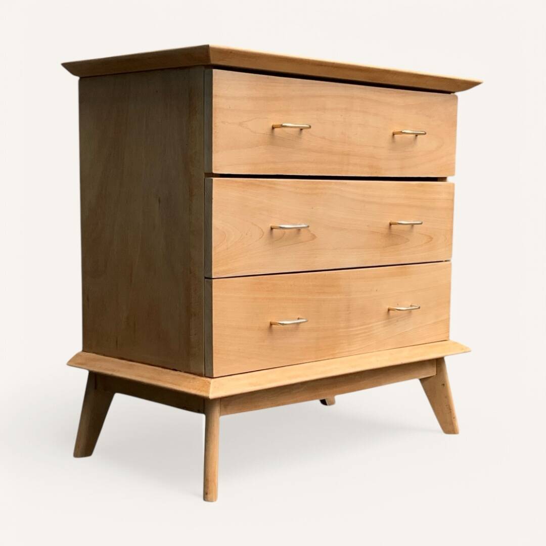 Vintage chest of drawers with compass feet, solid raw beech, 1960s