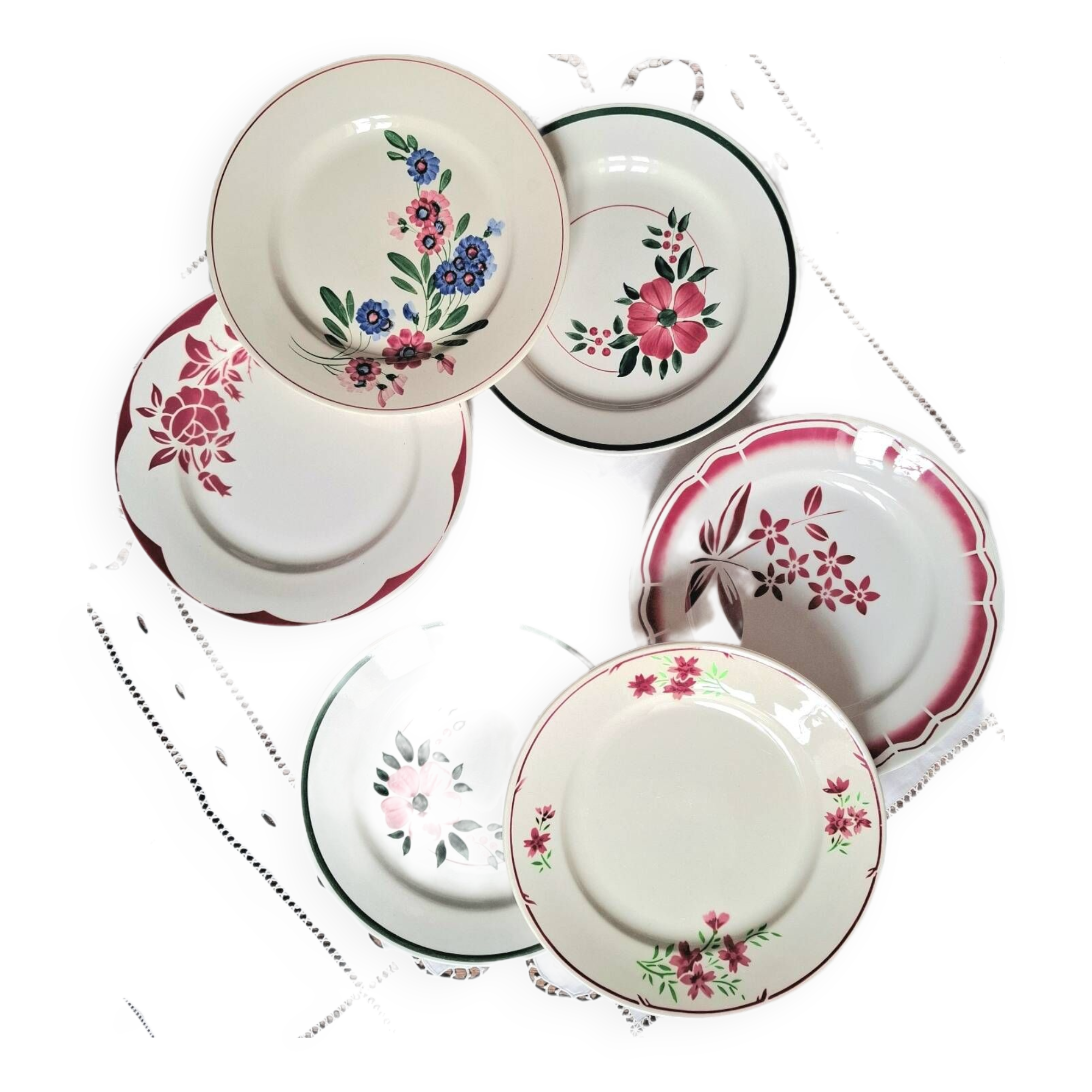 Old mismatched earthenware dinner plates