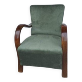 Lot de 2 fauteuils Art déco verts en velours, structure bois courbé, années 1920