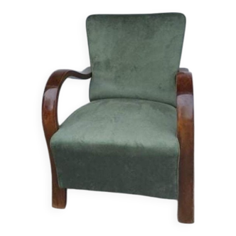 Set of 2 green Art Deco velvet armchairs, curved wooden frame, 1920s.