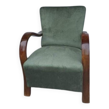 Lot de 2 fauteuils Art déco verts en velours, structure bois courbé, années 1920
