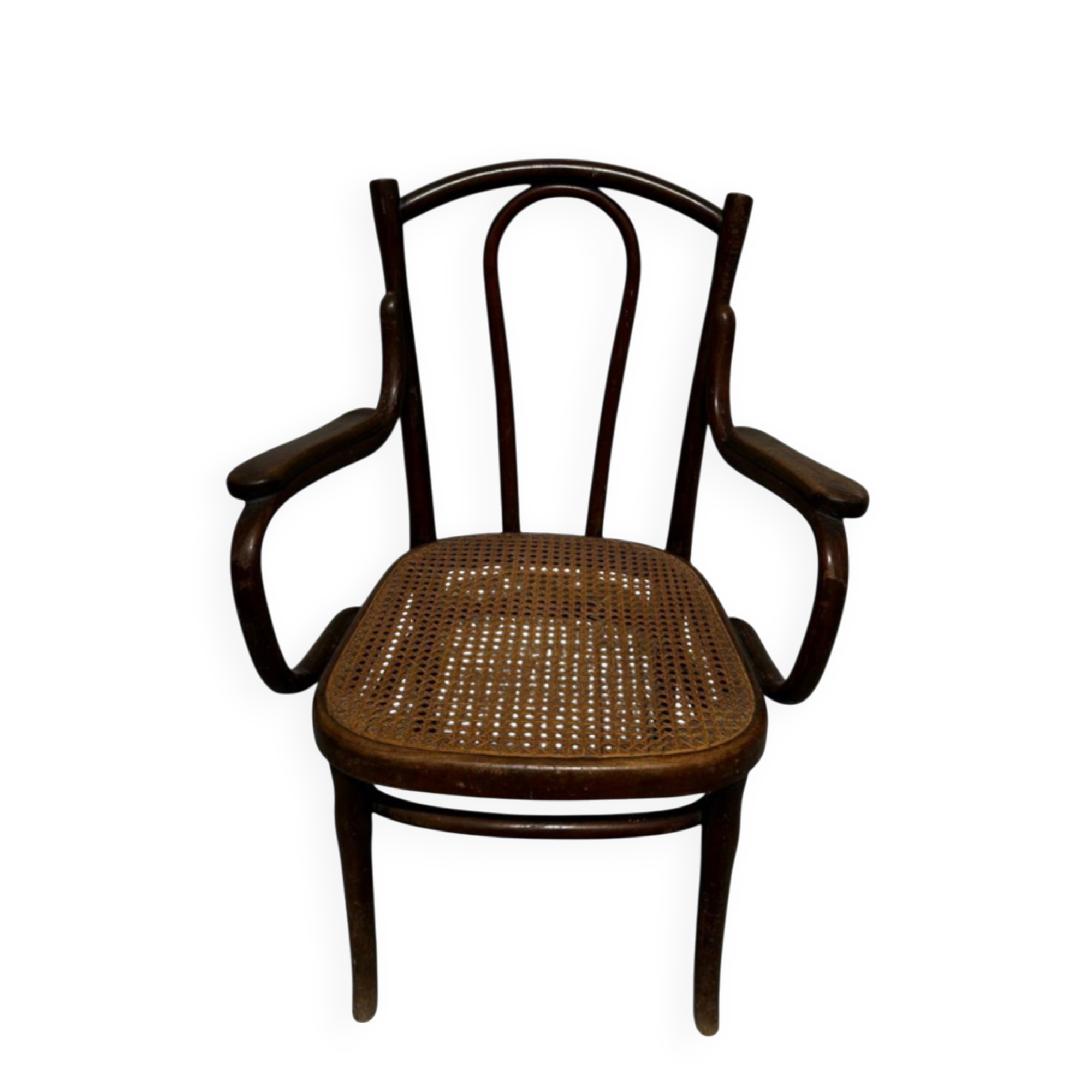 Thonet armchair stamped with curved wooden armrests and caning from the 19th century.