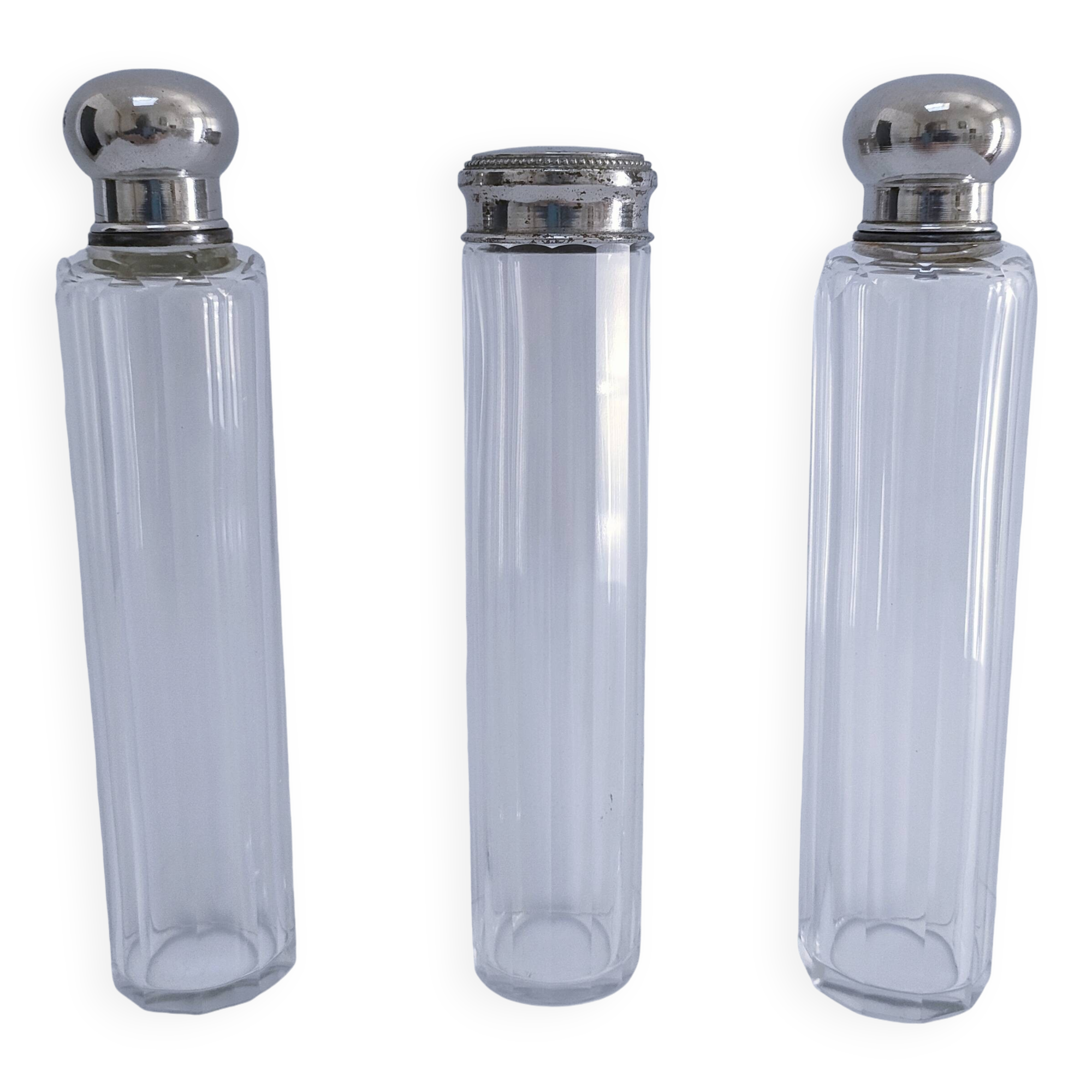 Three Art Deco crystal chrome glass bottles