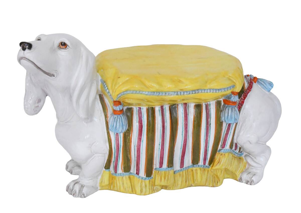 Stool or stand in earthenware depicting a white dachshund.