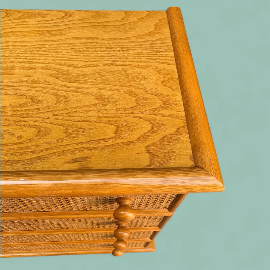 Chest of drawers and bedside table in rattan cane and oak, vintage 1970s