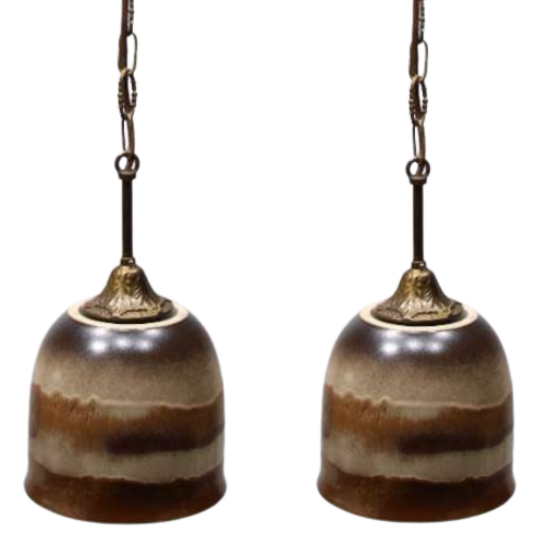Pair of ceramic glazed and brass pendant lamps, Austria 1970s