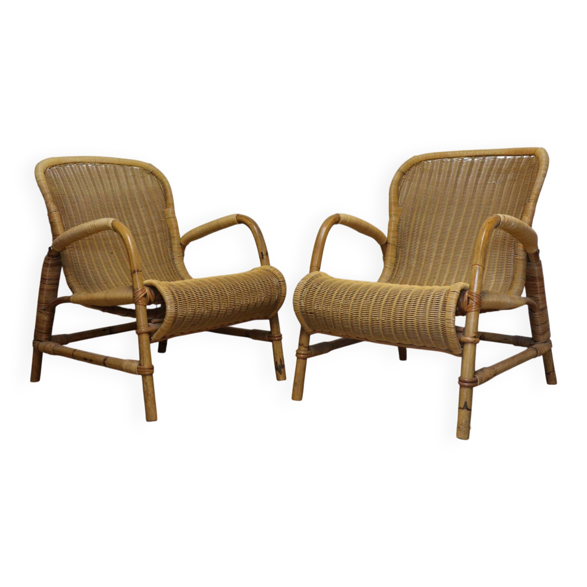Paire de fauteuils vintage en osier et bambou, 1960