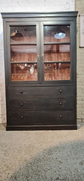 Former industrial library solid wood two glass doors and three drawers furniture trade