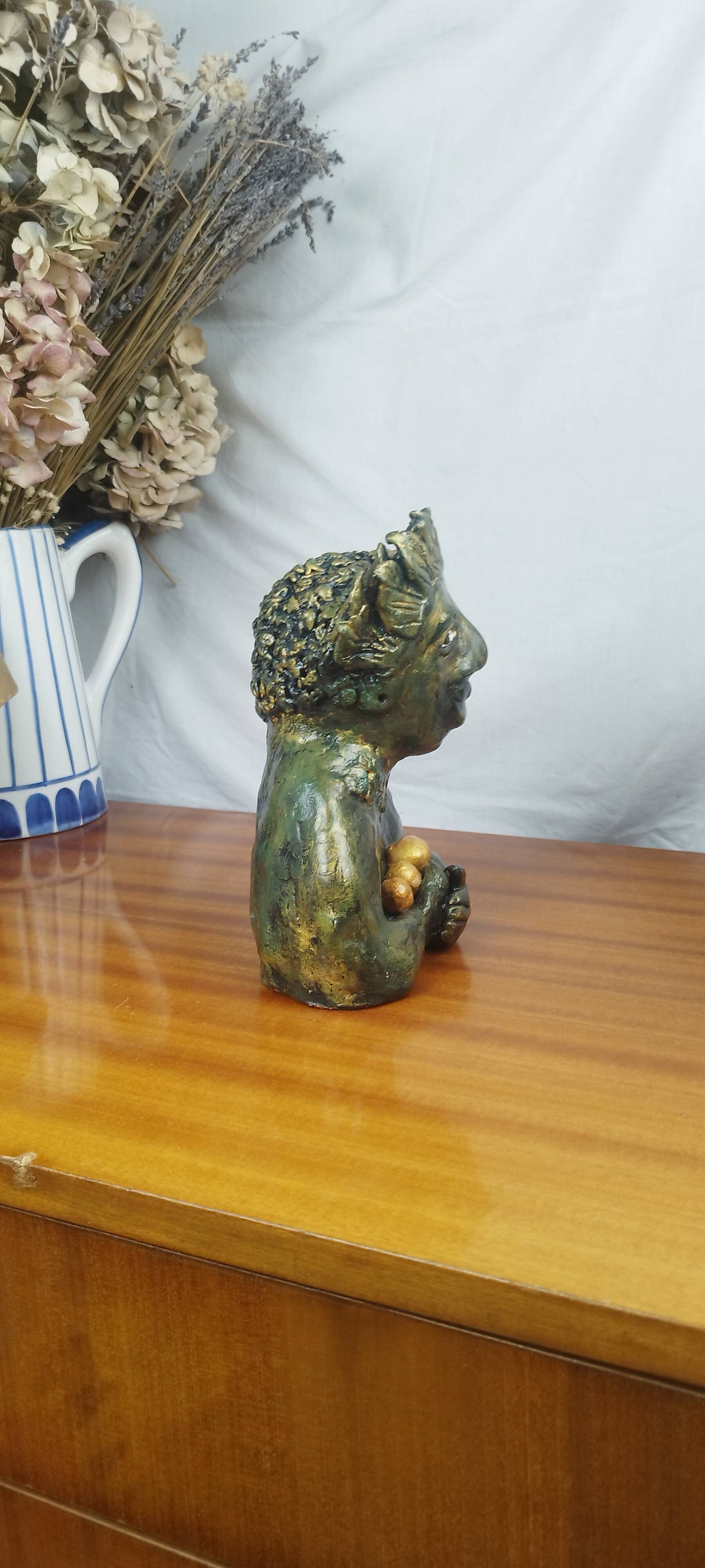 Clay sculpture of mother nature holding eggs, vintage modern figurative art