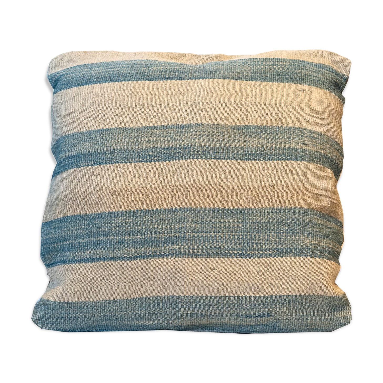 Handwoven blue cream striped wool cushion cover