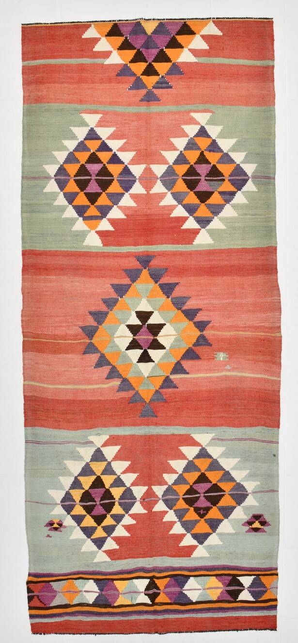 5x11 Kilim Long Wide Faded Samon Kilim Rug, Rare Style Anatolian Flatweave