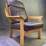 Chocolate leather armchair, wooden structure