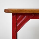 Pair of red metal and wood stools
