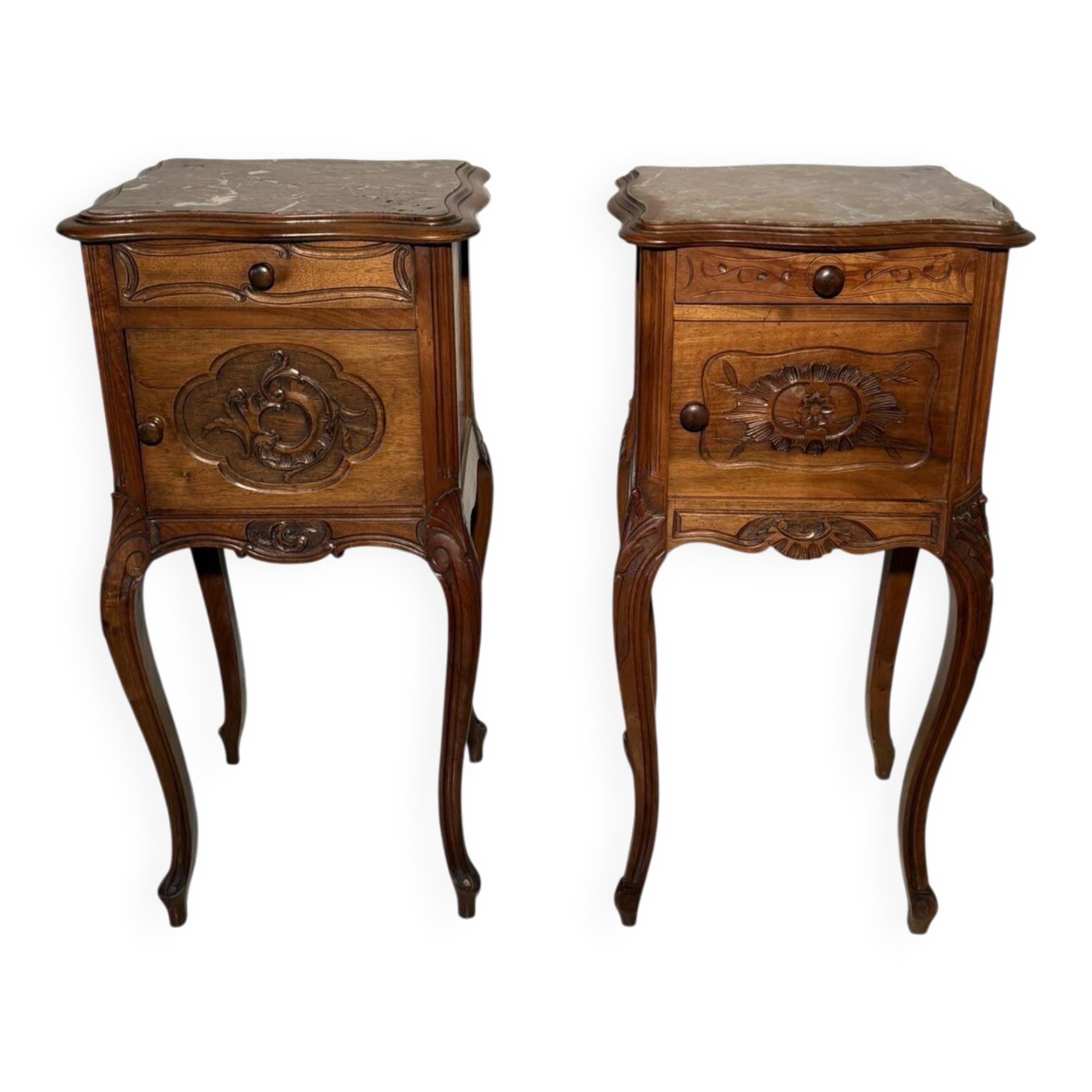 Pair of antique bedside tables with marble top and ceramic niche