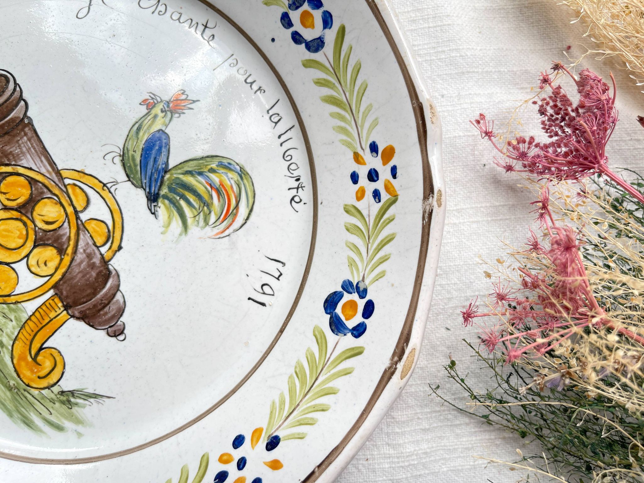 Antique French Earthenware Plate Revolutionary Rooster "I sing for freedom 1791" Nevers 19th century