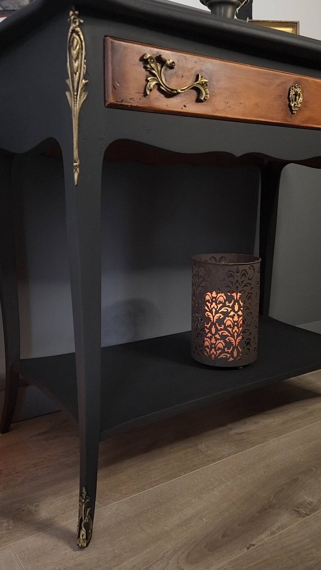 Mat black console / natural wood / gilding – Louis XV style Unique piece