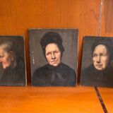 Triptyque portraits a l’huile anciens, femmes XIXe